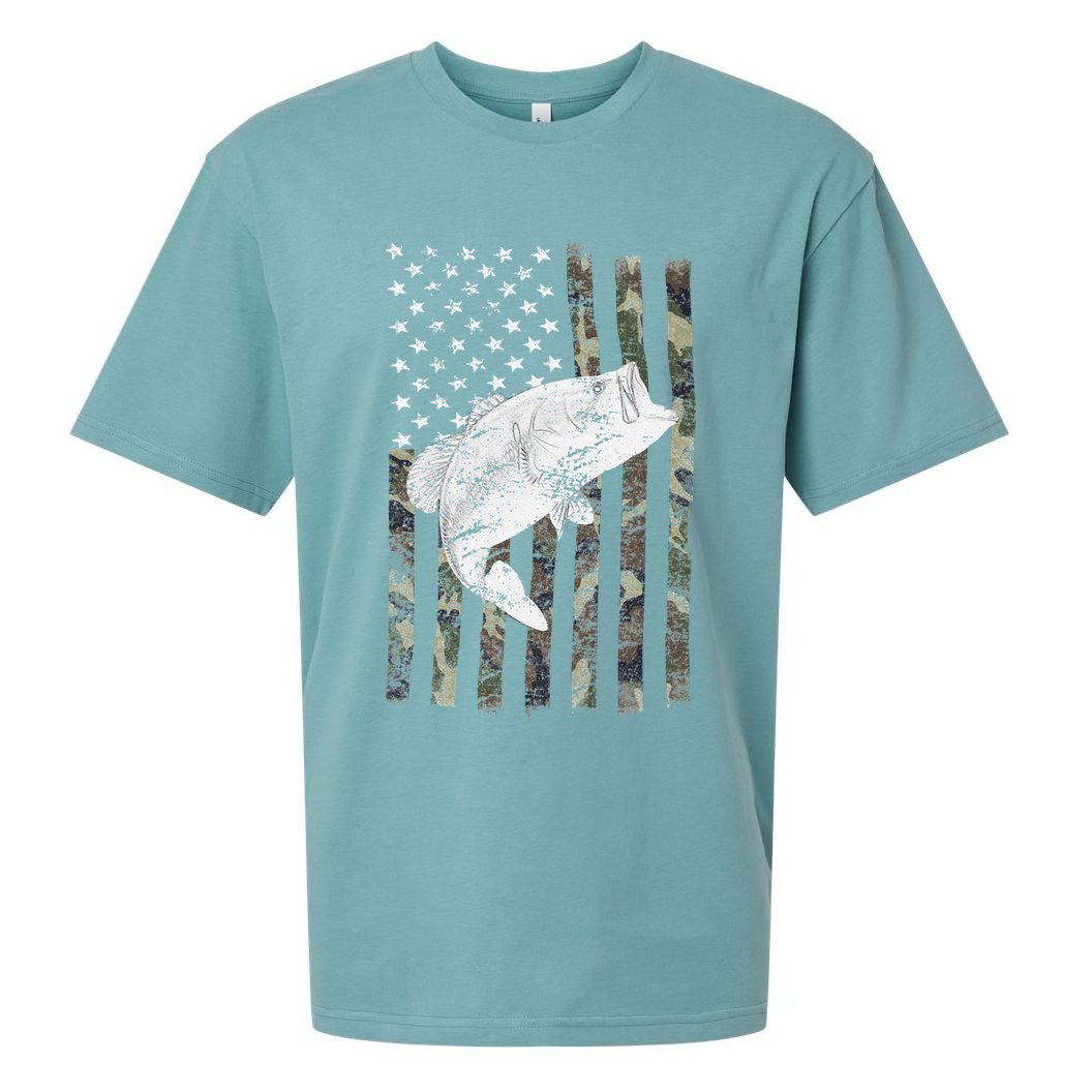 Bass Fishing Camouflage Flag Big Mouth On Back Sueded Cloud Jersey T-Shirt