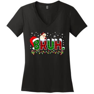 Bruh Funny Christmas Red Green Plaid Teens Boy Xmas Pajamas Women's V-Neck T-Shirt