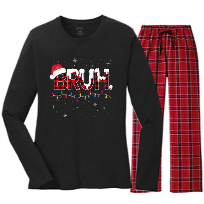 Bruh Funny Christmas Plaid Teens Xmas Pajamas Women's Long Sleeve Flannel Pajama Set 