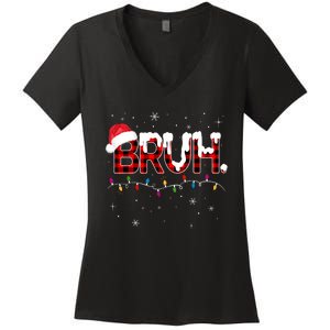 Bruh Funny Christmas Plaid Teens Xmas Pajamas Women's V-Neck T-Shirt