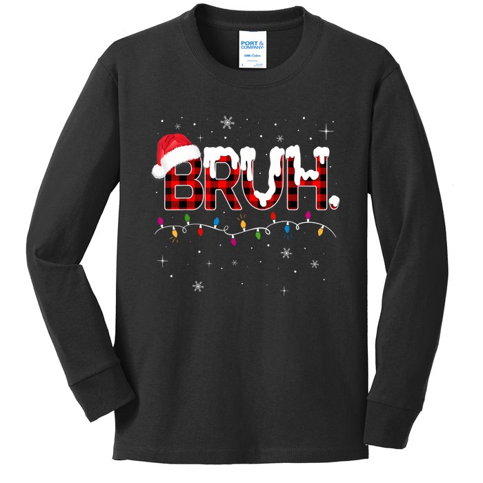 Bruh Funny Christmas Plaid Teens Xmas Pajamas Kids Long Sleeve Shirt