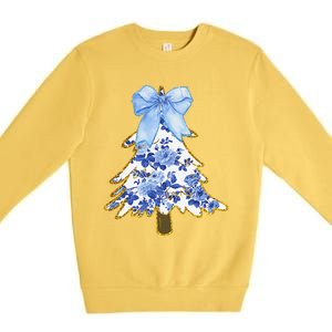 Blue Floral Coquette Bow Christmas Tree Chinoiserie Women Premium Crewneck Sweatshirt