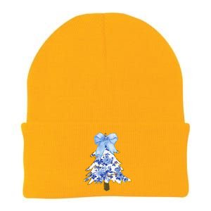 Blue Floral Coquette Bow Christmas Tree Chinoiserie Women Knit Cap Winter Beanie