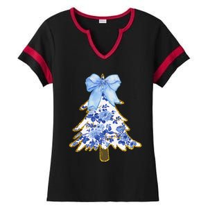 Blue Floral Coquette Bow Christmas Tree Chinoiserie Women Ladies Halftime Notch Neck Tee