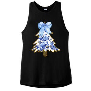 Blue Floral Coquette Bow Christmas Tree Chinoiserie Women Ladies PosiCharge Tri-Blend Wicking Tank