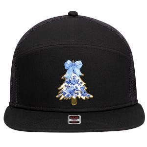 Blue Floral Coquette Bow Christmas Tree Chinoiserie Women 7 Panel Mesh Trucker Snapback Hat