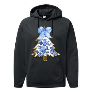 Blue Floral Coquette Bow Christmas Tree Chinoiserie Women Performance Fleece Hoodie