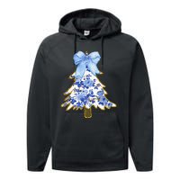 Blue Floral Coquette Bow Christmas Tree Chinoiserie Women Performance Fleece Hoodie