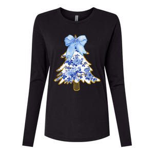 Blue Floral Coquette Bow Christmas Tree Chinoiserie Women Womens Cotton Relaxed Long Sleeve T-Shirt