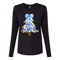 Blue Floral Coquette Bow Christmas Tree Chinoiserie Women Womens Cotton Relaxed Long Sleeve T-Shirt