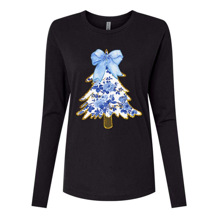 Blue Floral Coquette Bow Christmas Tree Chinoiserie Women Womens Cotton Relaxed Long Sleeve T-Shirt