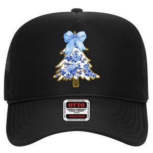 Blue Floral Coquette Bow Christmas Tree Chinoiserie Women High Crown Mesh Back Trucker Hat