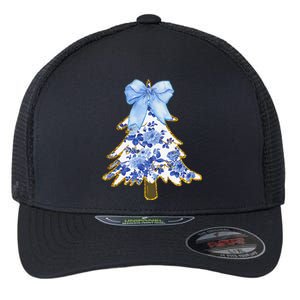 Blue Floral Coquette Bow Christmas Tree Chinoiserie Women Flexfit Unipanel Trucker Cap