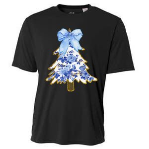 Blue Floral Coquette Bow Christmas Tree Chinoiserie Women Cooling Performance Crew T-Shirt