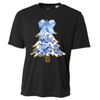 Blue Floral Coquette Bow Christmas Tree Chinoiserie Women Cooling Performance Crew T-Shirt