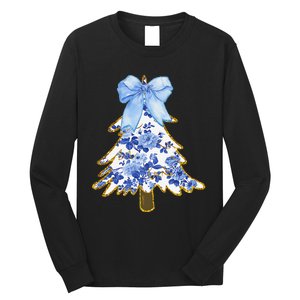 Blue Floral Coquette Bow Christmas Tree Chinoiserie Women Long Sleeve Shirt