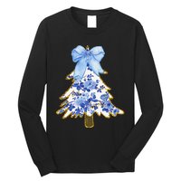 Blue Floral Coquette Bow Christmas Tree Chinoiserie Women Long Sleeve Shirt