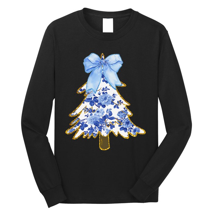 Blue Floral Coquette Bow Christmas Tree Chinoiserie Women Long Sleeve Shirt