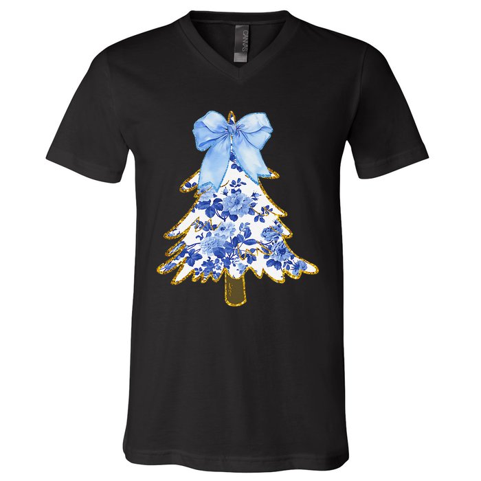 Blue Floral Coquette Bow Christmas Tree Chinoiserie Women V-Neck T-Shirt