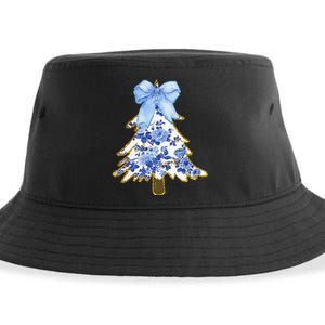 Blue Floral Coquette Bow Christmas Tree Chinoiserie Women Sustainable Bucket Hat