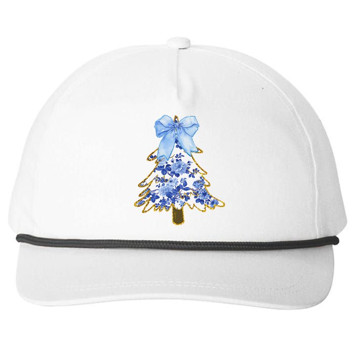 Blue Floral Coquette Bow Christmas Tree Chinoiserie Women Snapback Five-Panel Rope Hat