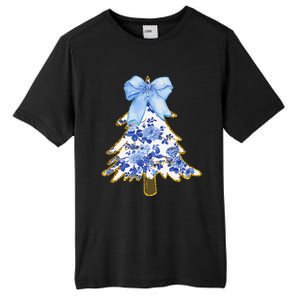 Blue Floral Coquette Bow Christmas Tree Chinoiserie Women Tall Fusion ChromaSoft Performance T-Shirt