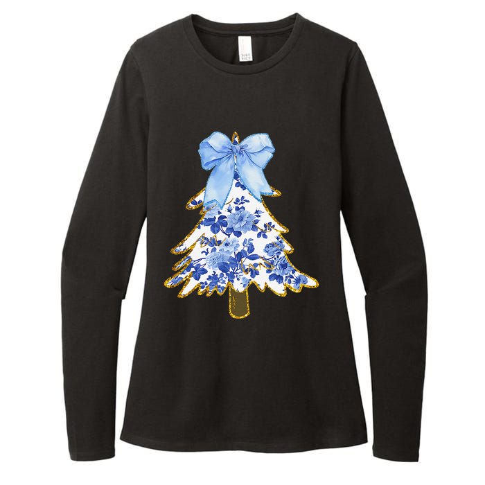 Blue Floral Coquette Bow Christmas Tree Chinoiserie Women Womens CVC Long Sleeve Shirt