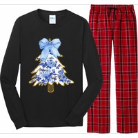 Blue Floral Coquette Bow Christmas Tree Chinoiserie Women Long Sleeve Pajama Set