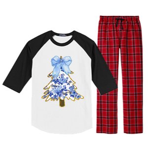 Blue Floral Coquette Bow Christmas Tree Chinoiserie Women Raglan Sleeve Pajama Set