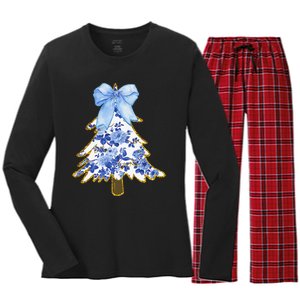 Blue Floral Coquette Bow Christmas Tree Chinoiserie Women Women's Long Sleeve Flannel Pajama Set 