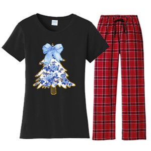 Blue Floral Coquette Bow Christmas Tree Chinoiserie Women Women's Flannel Pajama Set