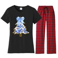 Blue Floral Coquette Bow Christmas Tree Chinoiserie Women Women's Flannel Pajama Set