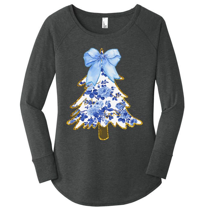 Blue Floral Coquette Bow Christmas Tree Chinoiserie Women Women's Perfect Tri Tunic Long Sleeve Shirt