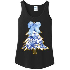 Blue Floral Coquette Bow Christmas Tree Chinoiserie Women Ladies Essential Tank