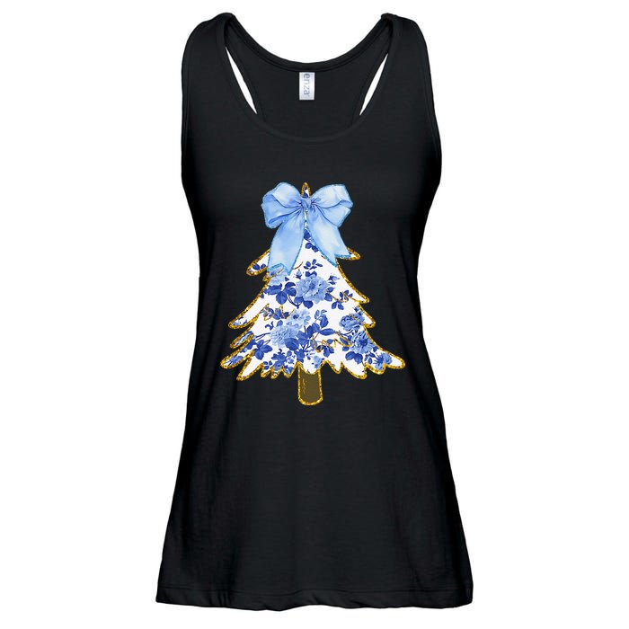 Blue Floral Coquette Bow Christmas Tree Chinoiserie Women Ladies Essential Flowy Tank