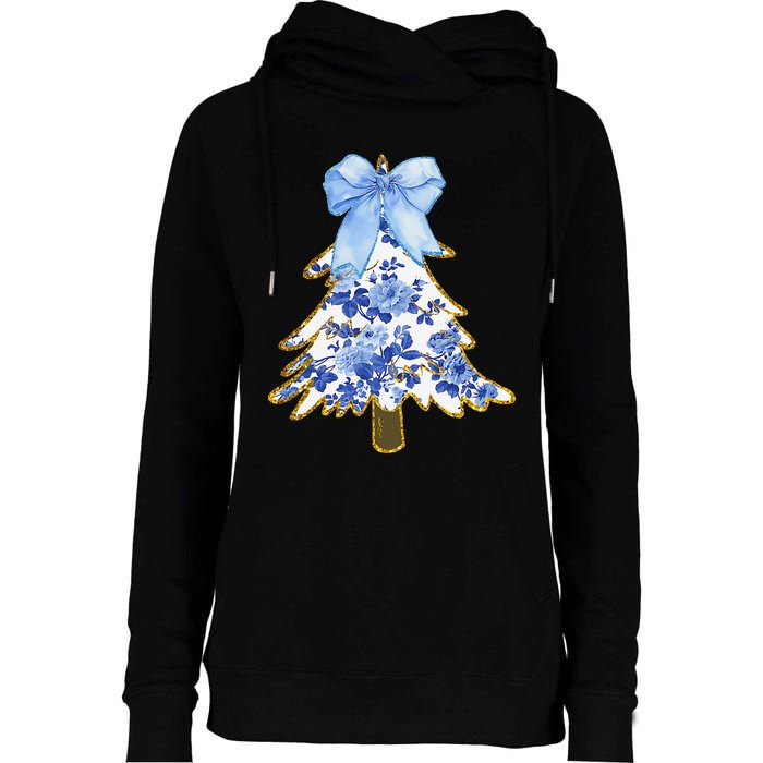 Blue Floral Coquette Bow Christmas Tree Chinoiserie Women Womens Funnel Neck Pullover Hood