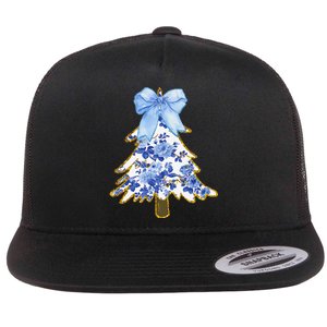 Blue Floral Coquette Bow Christmas Tree Chinoiserie Women Flat Bill Trucker Hat