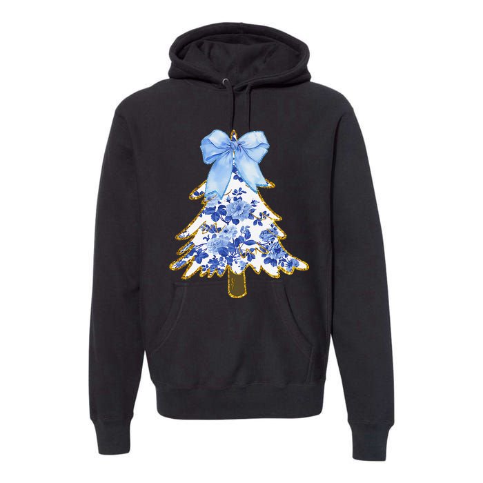 Blue Floral Coquette Bow Christmas Tree Chinoiserie Women Premium Hoodie