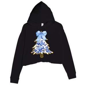 Blue Floral Coquette Bow Christmas Tree Chinoiserie Women Crop Fleece Hoodie