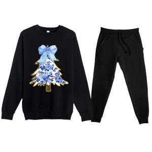 Blue Floral Coquette Bow Christmas Tree Chinoiserie Women Premium Crewneck Sweatsuit Set