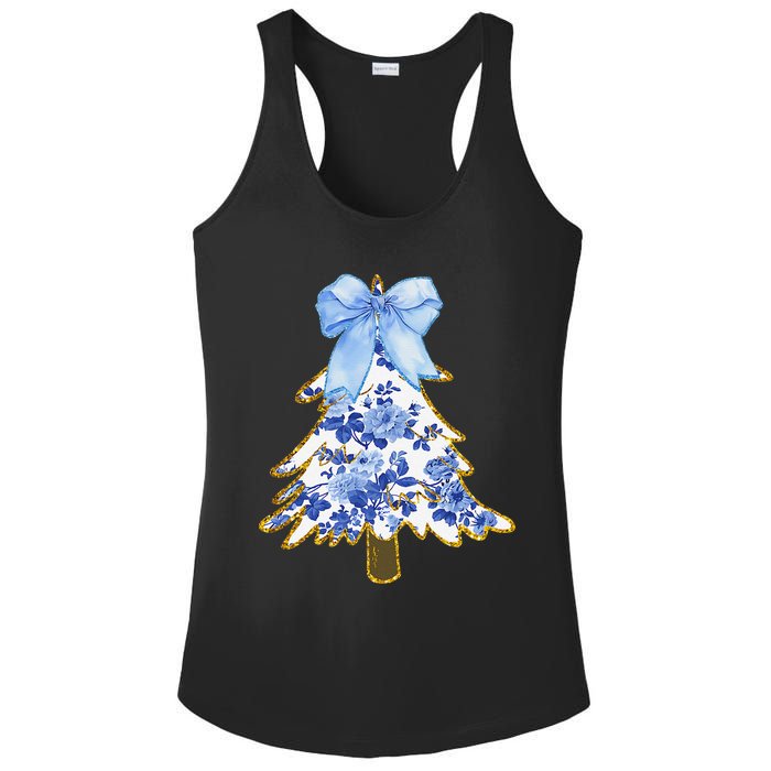 Blue Floral Coquette Bow Christmas Tree Chinoiserie Women Ladies PosiCharge Competitor Racerback Tank