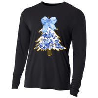 Blue Floral Coquette Bow Christmas Tree Chinoiserie Women Cooling Performance Long Sleeve Crew