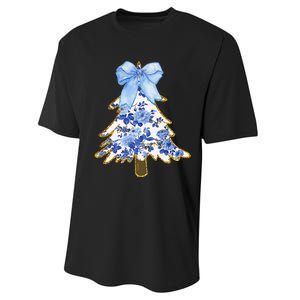 Blue Floral Coquette Bow Christmas Tree Chinoiserie Women Performance Sprint T-Shirt