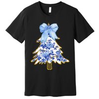 Blue Floral Coquette Bow Christmas Tree Chinoiserie Women Premium T-Shirt