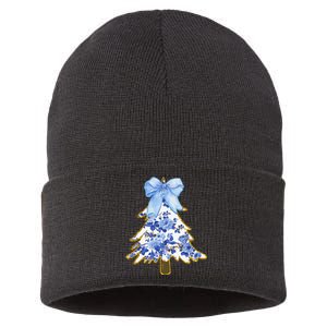 Blue Floral Coquette Bow Christmas Tree Chinoiserie Women Sustainable Knit Beanie