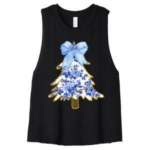 Blue Floral Coquette Bow Christmas Tree Chinoiserie Women Women's Racerback Cropped Tank