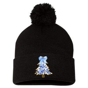 Blue Floral Coquette Bow Christmas Tree Chinoiserie Women Pom Pom 12in Knit Beanie