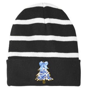 Blue Floral Coquette Bow Christmas Tree Chinoiserie Women Striped Beanie with Solid Band