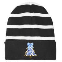 Blue Floral Coquette Bow Christmas Tree Chinoiserie Women Striped Beanie with Solid Band