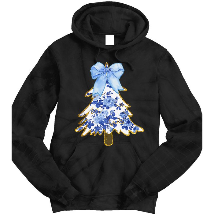 Blue Floral Coquette Bow Christmas Tree Chinoiserie Women Tie Dye Hoodie